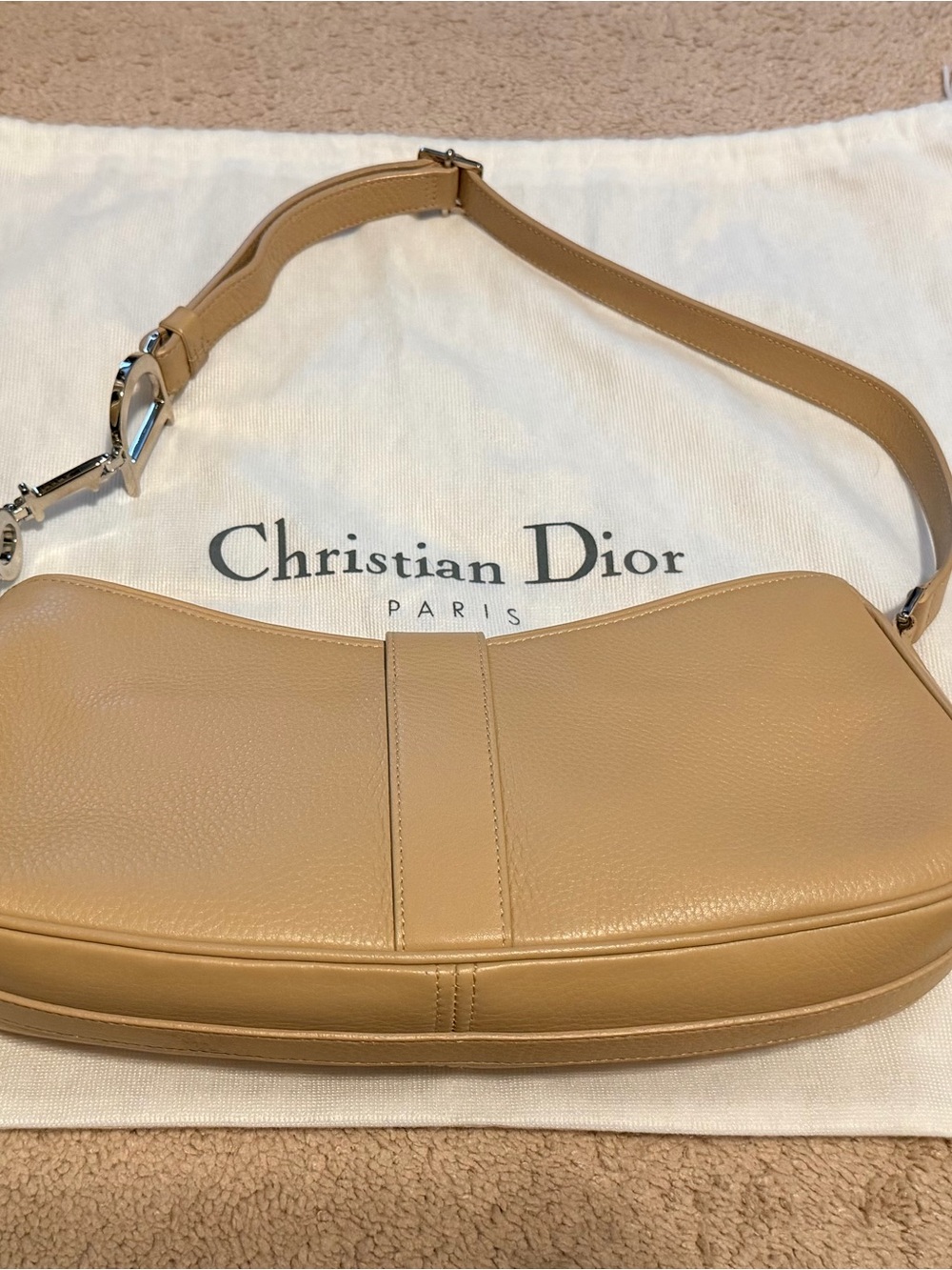 Dior Beige/Tan Leather Shoulder Bag with D Charm - Picture 8 of 10